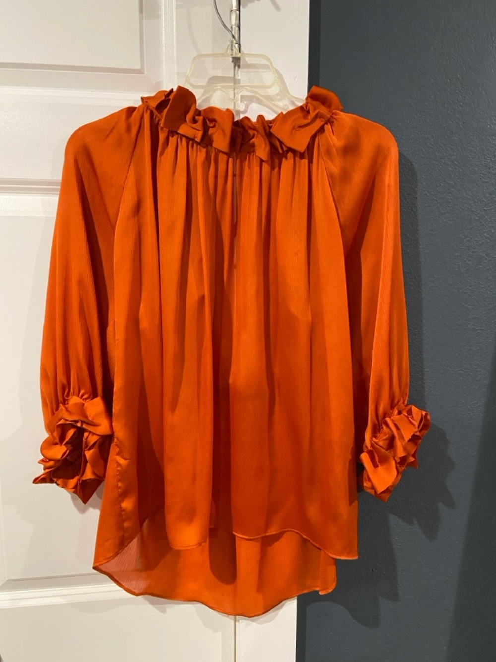 Orange Ruffle-Neck Long-Sleeve Blouse